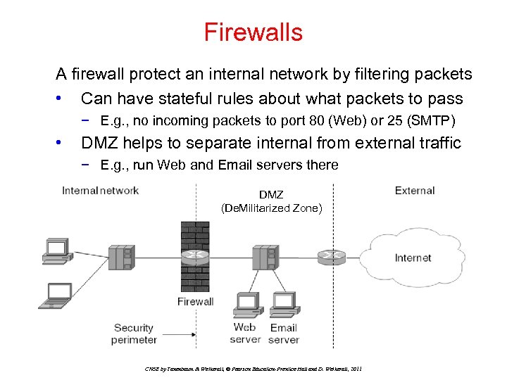 Firewalls A firewall protect an internal network by filtering packets • Can have stateful