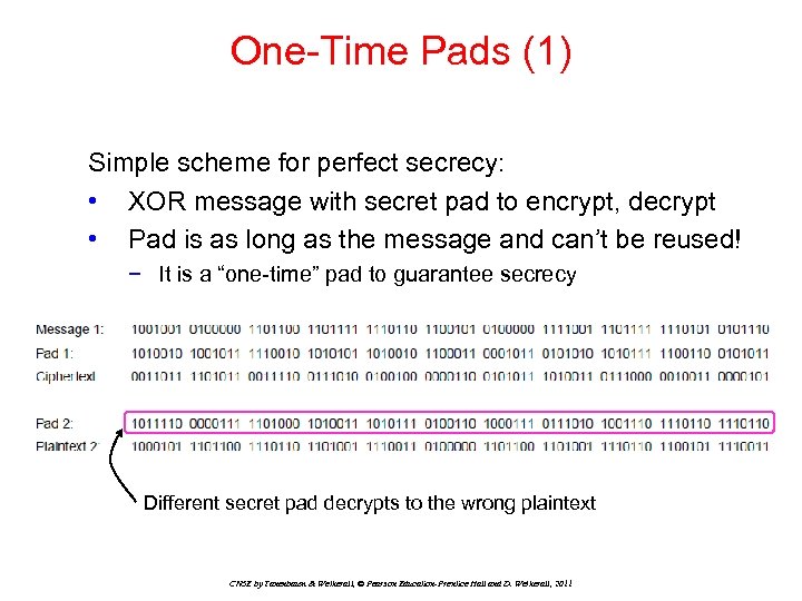 One-Time Pads (1) Simple scheme for perfect secrecy: • XOR message with secret pad