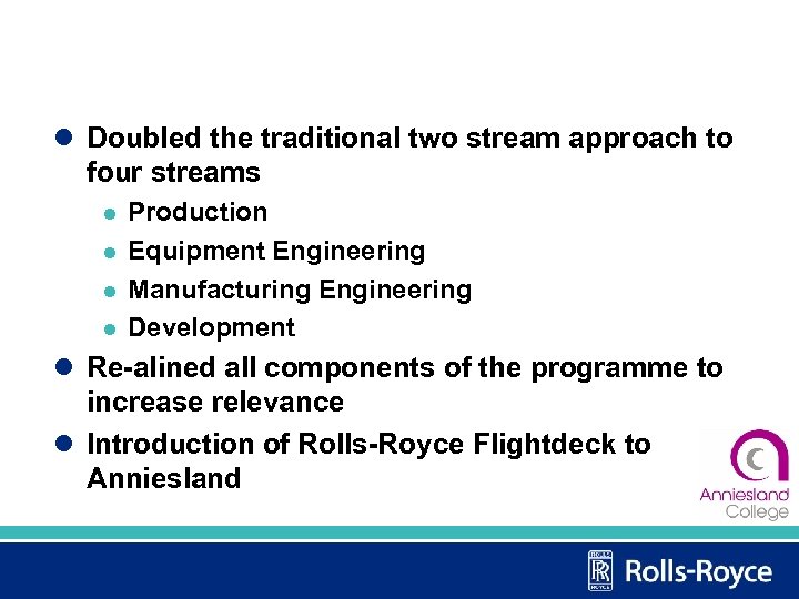 l Doubled the traditional two stream approach to four streams l l Production Equipment