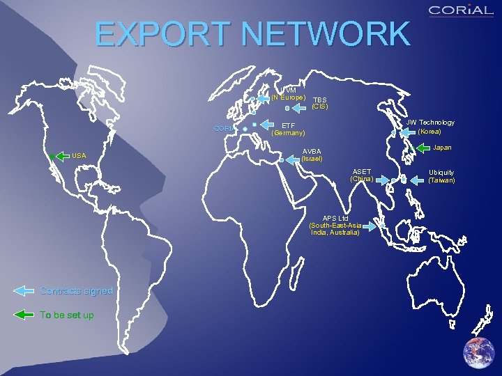 EXPORT NETWORK UVM (N Europe) CORIAL USA TBS (CIS) JW Technology (Korea) ETF (Germany)