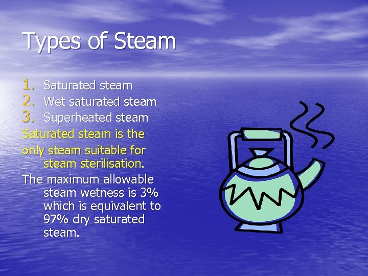 Types of Steam 1. 2. 3. Saturated steam Wet saturated steam Superheated steam Saturated