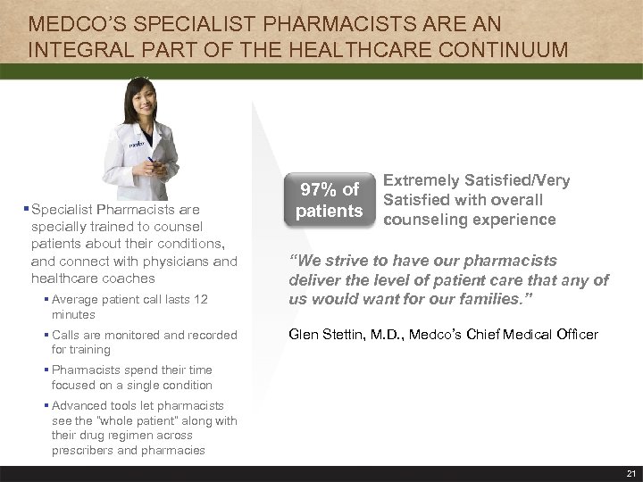 MEDCO’S SPECIALIST PHARMACISTS ARE AN INTEGRAL PART OF THE HEALTHCARE CONTINUUM § Specialist Pharmacists