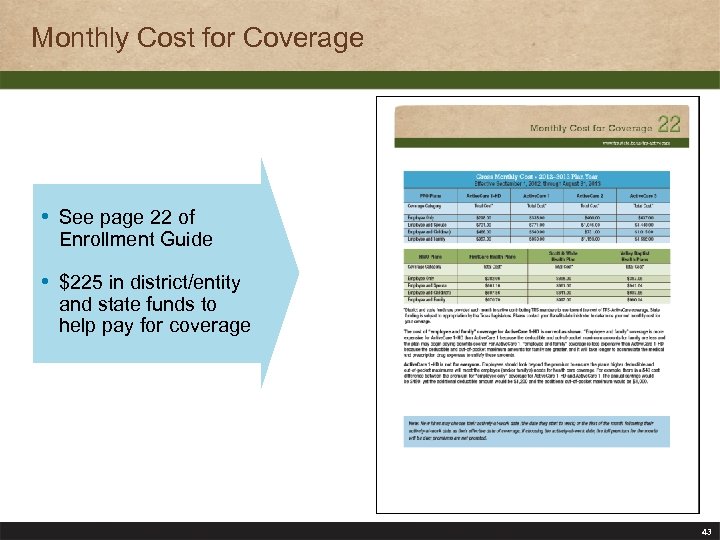 Monthly Cost for Coverage • See page 22 of Enrollment Guide • $225 in
