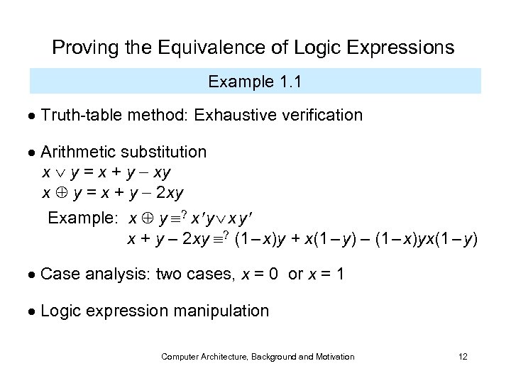 Proving the Equivalence of Logic Expressions Example 1. 1 Truth-table method: Exhaustive verification Arithmetic