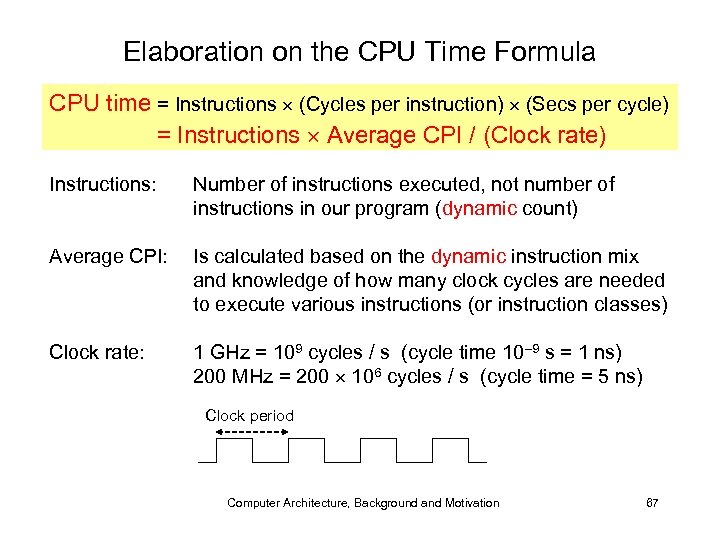 Elaboration on the CPU Time Formula CPU time = Instructions (Cycles per instruction) (Secs