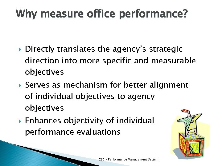Why measure office performance? Directly translates the agency’s strategic direction into more specific and
