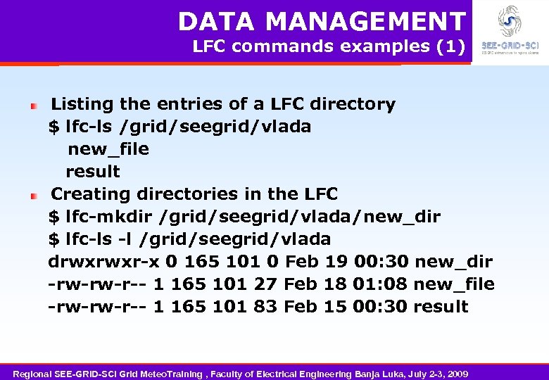 DATA MANAGEMENT LFC commands examples (1) Listing the entries of a LFC directory $