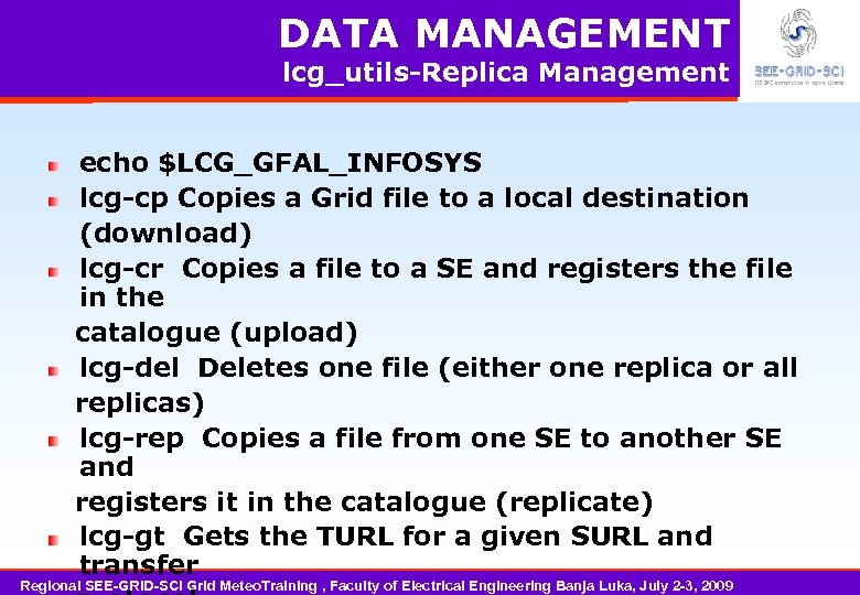 DATA MANAGEMENT lcg_utils-Replica Management echo $LCG_GFAL_INFOSYS lcg-cp Copies a Grid file to a local