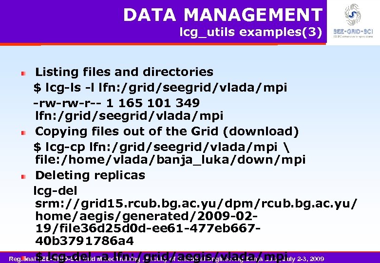 DATA MANAGEMENT lcg_utils examples(3) Listing files and directories $ lcg-ls -l lfn: /grid/seegrid/vlada/mpi -rw-rw-r--