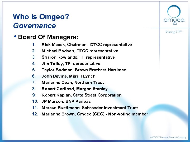 Who is Omgeo? Governance • Board Of Managers: 1. 2. 3. 4. 5. 6.