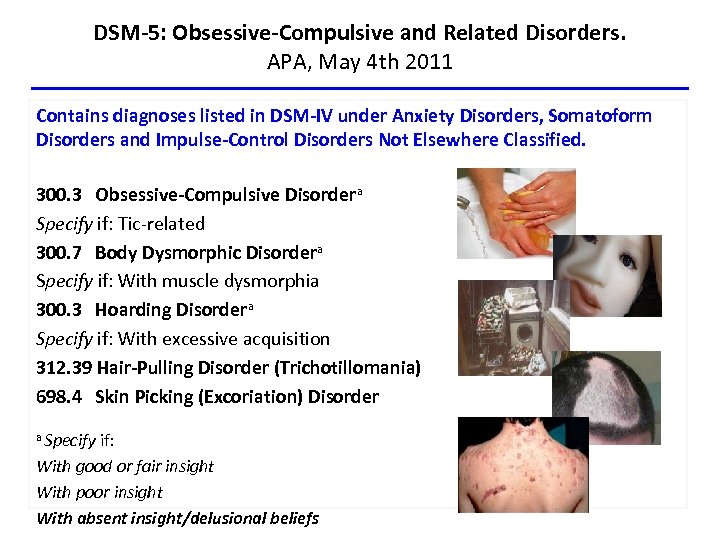 DSM-5: Obsessive-Compulsive and Related Disorders. APA, May 4 th 2011 Contains diagnoses listed in
