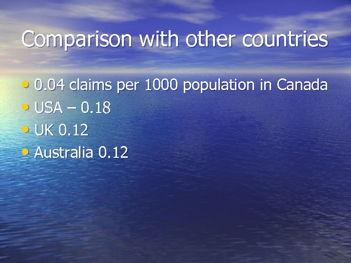 Comparison with other countries • 0. 04 claims per 1000 population in Canada •