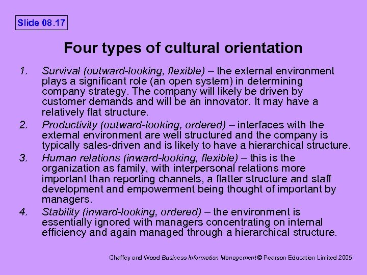 Slide 08. 17 Four types of cultural orientation 1. 2. 3. 4. Survival (outward-looking,