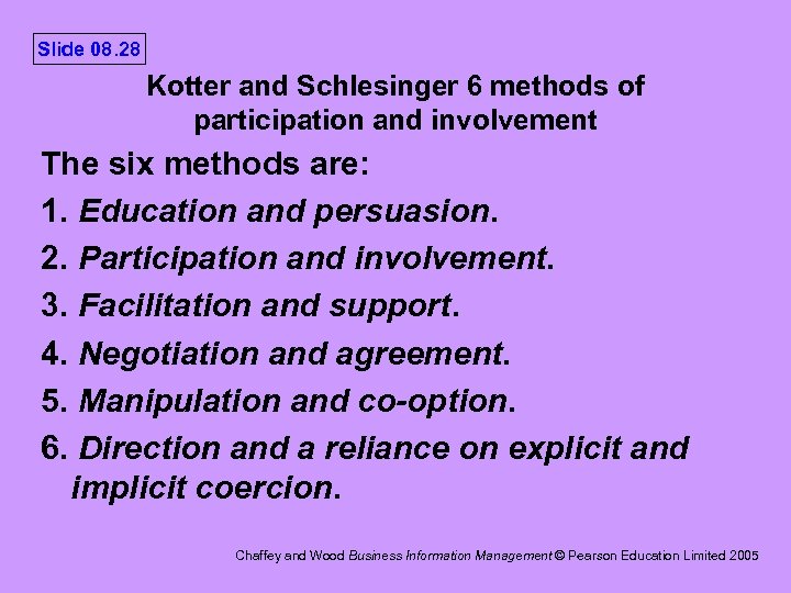 Slide 08. 28 Kotter and Schlesinger 6 methods of participation and involvement The six