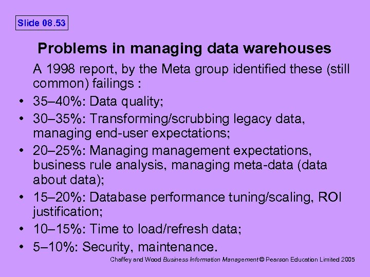 Slide 08. 53 Problems in managing data warehouses • • • A 1998 report,