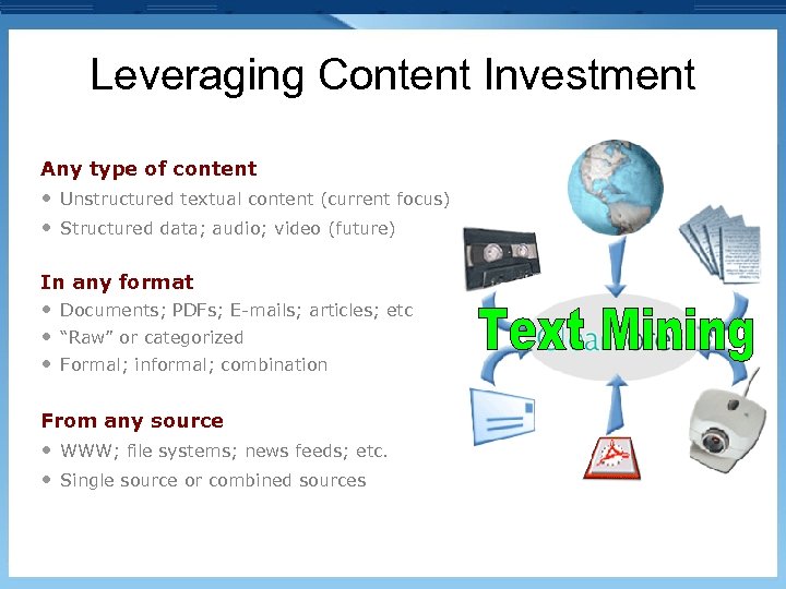 Leveraging Content Investment Any type of content • Unstructured textual content (current focus) •