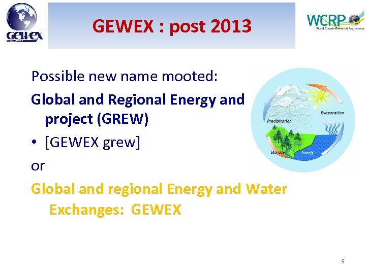 GEWEX : post 2013 Possible new name mooted: Global and Regional Energy and Water