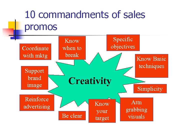 10 commandments of sales promos Coordinate with mktg Support brand image Specific objectives Know