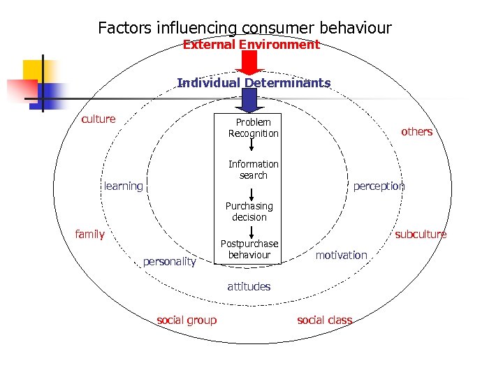 Factors influencing consumer behaviour External Environment Individual Determinants culture Problem Recognition others Information search