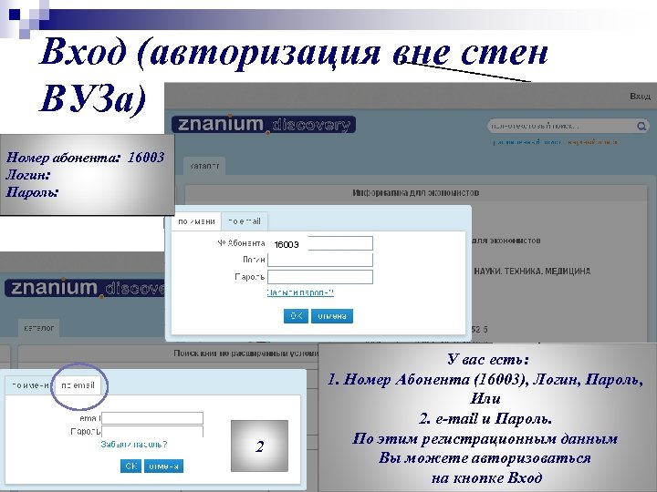 Вход (авторизация вне стен ВУЗа) Номер абонента: 16003 Логин: Пароль: 16003 1 2 У