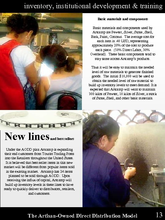 inventory, institutional development & training Basic materials and components used by Artcamp are Pewter,