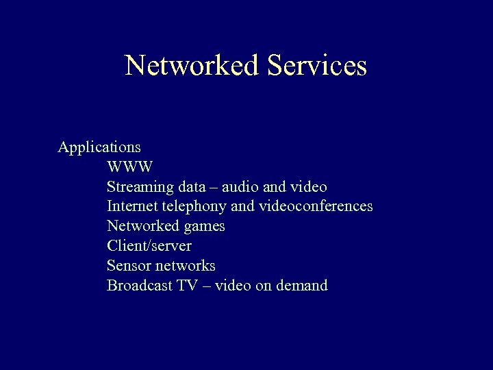 Networked Services Applications WWW Streaming data – audio and video Internet telephony and videoconferences