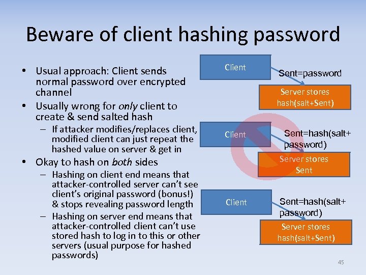 Beware of client hashing password • Usual approach: Client sends normal password over encrypted