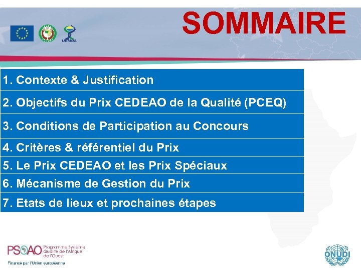 SOMMAIRE 1. Contexte & Justification 2. Objectifs du Prix CEDEAO de la Qualité (PCEQ)