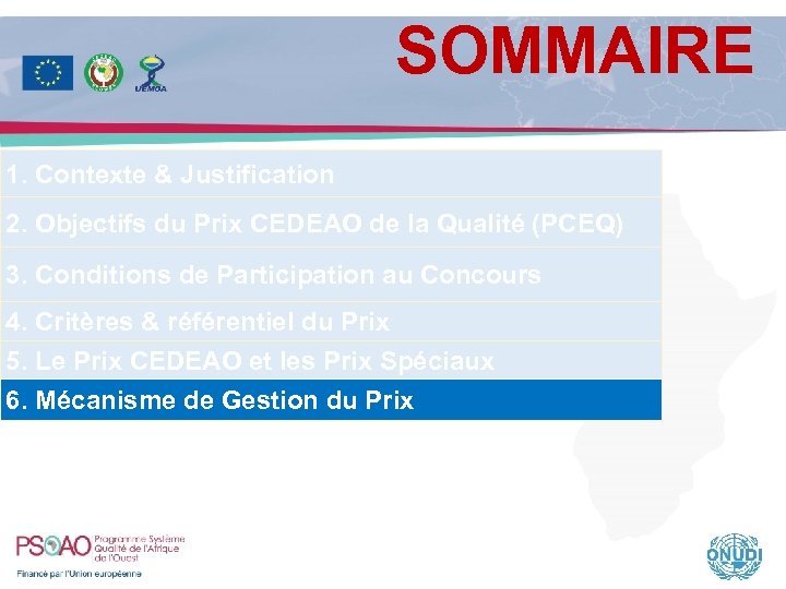 SOMMAIRE 1. Contexte & Justification 2. Objectifs du Prix CEDEAO de la Qualité (PCEQ)