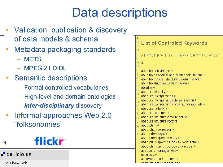 Data descriptions • Validation, publication & discovery of data models & schema • Metadata