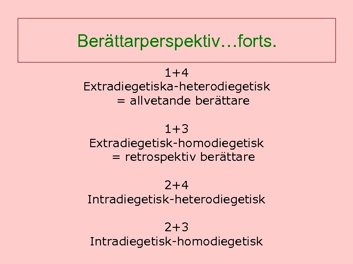 Berättarperspektiv…forts. 1+4 Extradiegetiska-heterodiegetisk = allvetande berättare 1+3 Extradiegetisk-homodiegetisk = retrospektiv berättare 2+4 Intradiegetisk-heterodiegetisk 2+3