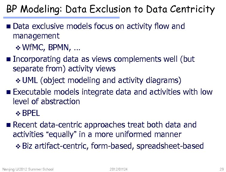 BP Modeling: Data Exclusion to Data Centricity n Data exclusive models focus on activity