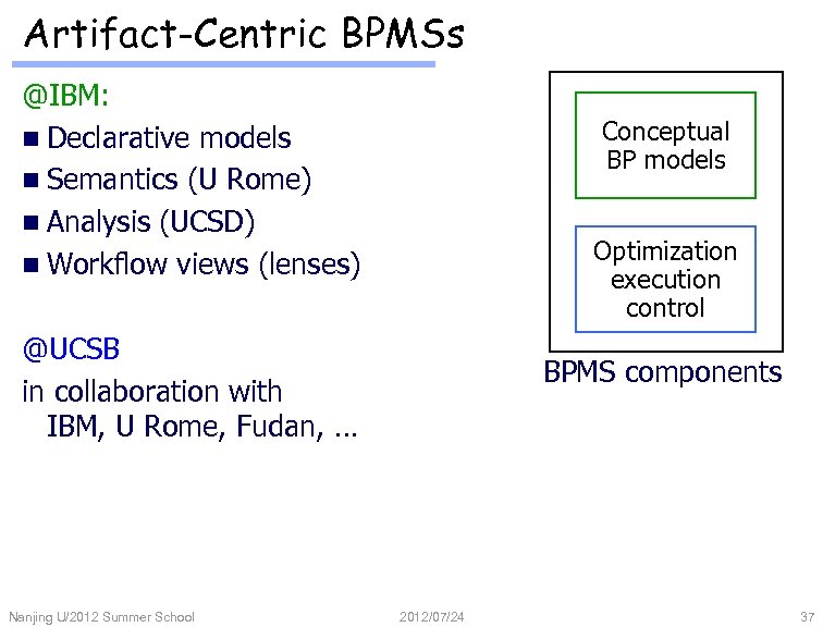 Artifact-Centric BPMSs @IBM: n Declarative models n Semantics (U Rome) n Analysis (UCSD) n