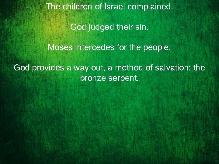 The children of Israel complained. God judged their sin. Moses intercedes for the people.
