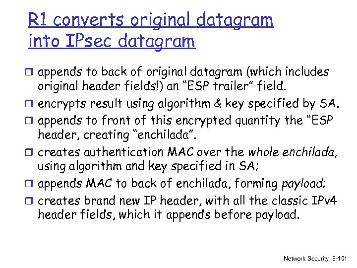 R 1 converts original datagram into IPsec datagram r appends to back of original