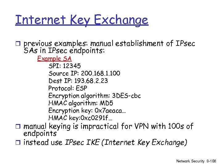 Internet Key Exchange r previous examples: manual establishment of IPsec SAs in IPsec endpoints: