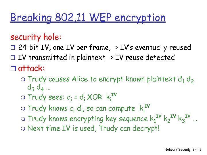 Breaking 802. 11 WEP encryption security hole: r 24 -bit IV, one IV per