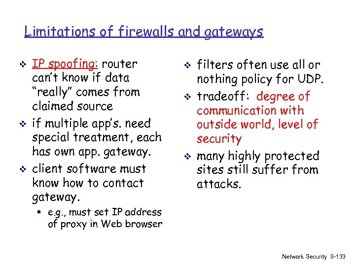 Limitations of firewalls and gateways v v v IP spoofing: router can’t know if