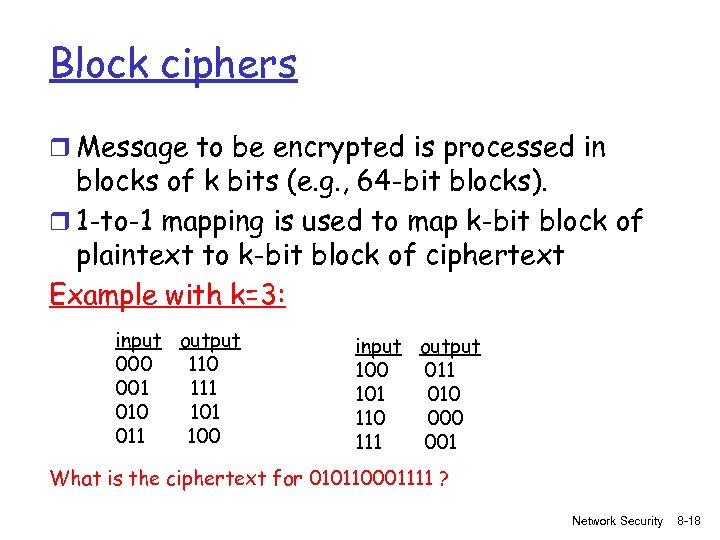 Block ciphers r Message to be encrypted is processed in blocks of k bits