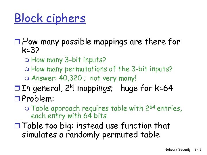 Block ciphers r How many possible mappings are there for k=3? m How many