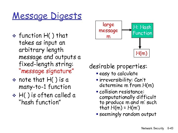 Message Digests v v v function H( ) that takes as input an arbitrary