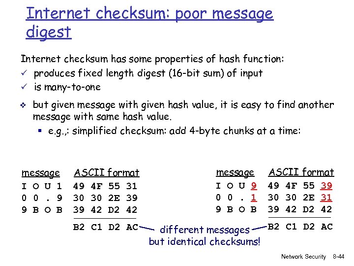 Internet checksum: poor message digest Internet checksum has some properties of hash function: ü