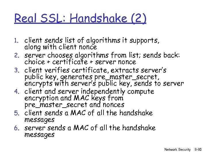 Real SSL: Handshake (2) 1. 2. 3. 4. 5. 6. client sends list of