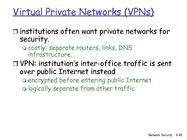 Virtual Private Networks (VPNs) r institutions often want private networks for security. m costly: