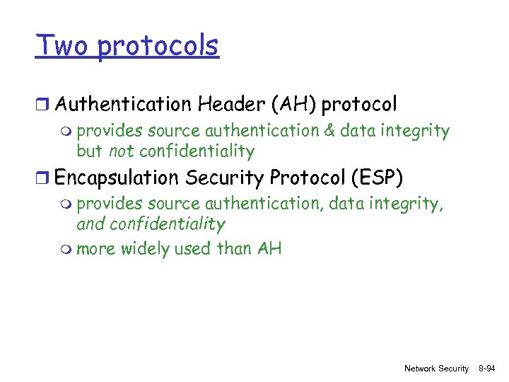 Two protocols r Authentication Header (AH) protocol m provides source authentication & data integrity