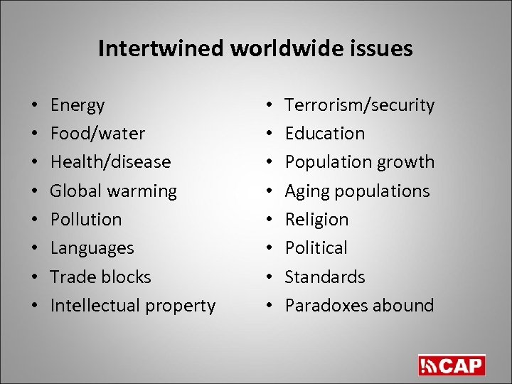 Intertwined worldwide issues • • Energy Food/water Health/disease Global warming Pollution Languages Trade blocks