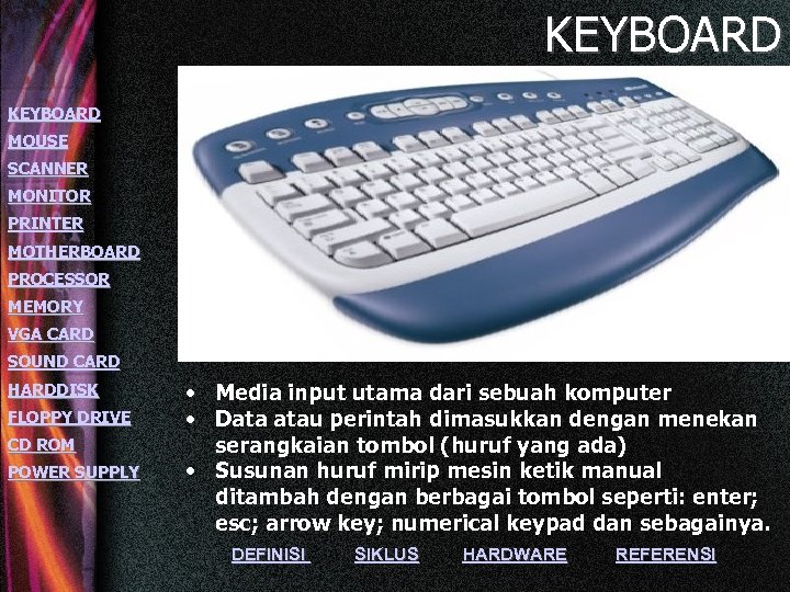 KEYBOARD MOUSE SCANNER MONITOR PRINTER MOTHERBOARD PROCESSOR MEMORY VGA CARD SOUND CARD HARDDISK FLOPPY