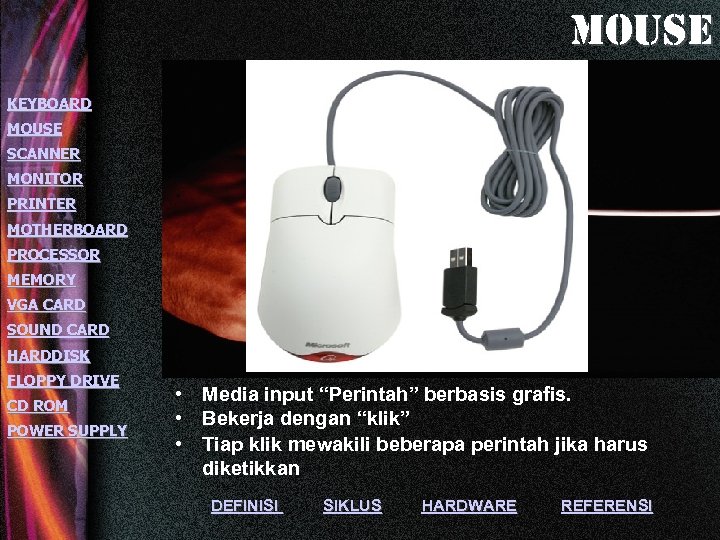 mouse KEYBOARD MOUSE SCANNER MONITOR PRINTER MOTHERBOARD PROCESSOR MEMORY VGA CARD SOUND CARD HARDDISK