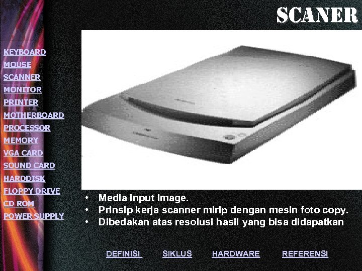 scaner KEYBOARD MOUSE SCANNER MONITOR PRINTER MOTHERBOARD PROCESSOR MEMORY VGA CARD SOUND CARD HARDDISK