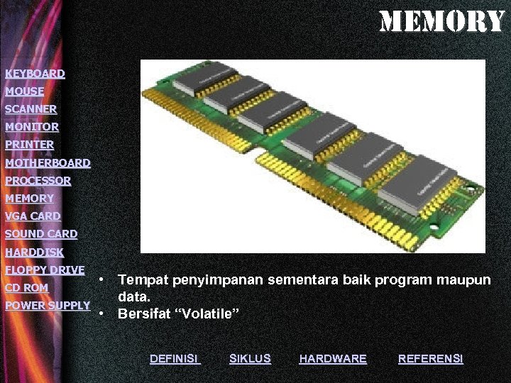 memory KEYBOARD MOUSE SCANNER MONITOR PRINTER MOTHERBOARD PROCESSOR MEMORY VGA CARD SOUND CARD HARDDISK